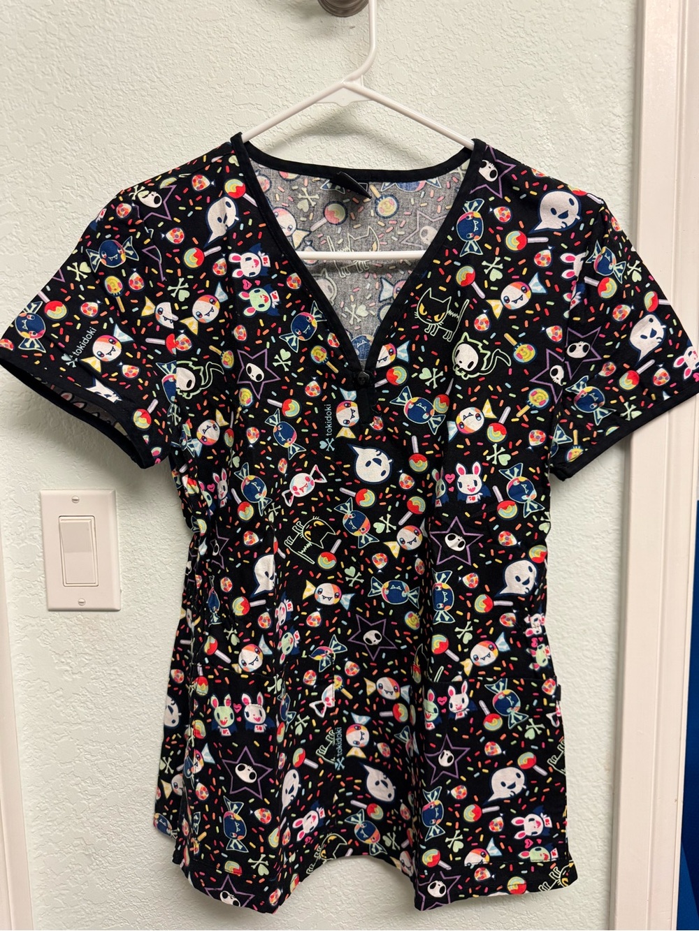 tokidoki Black Multicolor Character Print Medical Scrub Top